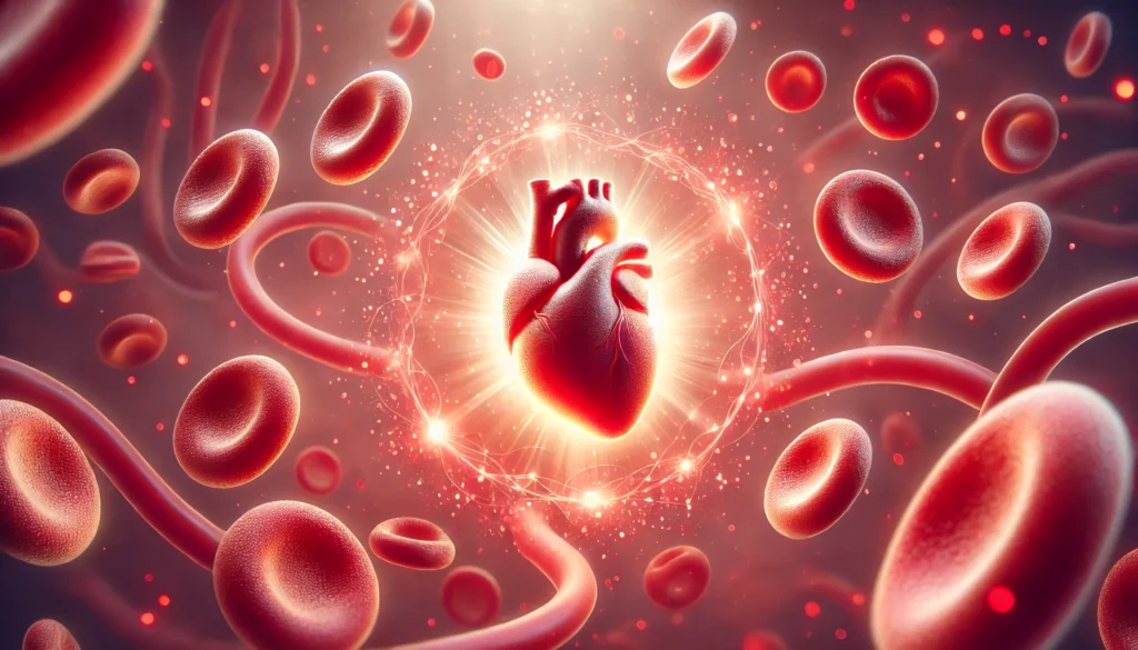 A conceptual image depicting a glowing heart-shaped aura surrounded by flowing red blood cells. The background emphasizes circulation and cardiovascular well-being.