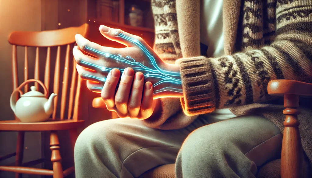 A person sitting on a chair, rubbing their hands together as if feeling cold. The warm indoor setting contrasts with their pale skin and cold extremities, subtly conveying the symptom of poor circulation.