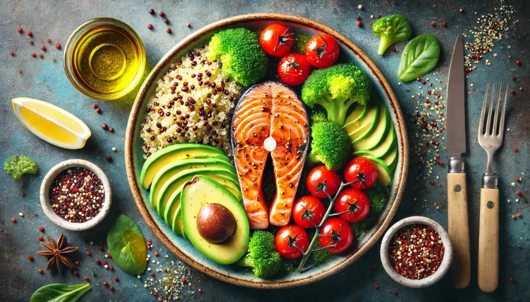 A top-down view of a nutritious meal featuring grilled salmon, quinoa, steamed broccoli, cherry tomatoes, and avocado slices, highlighting heart-friendly ingredients.