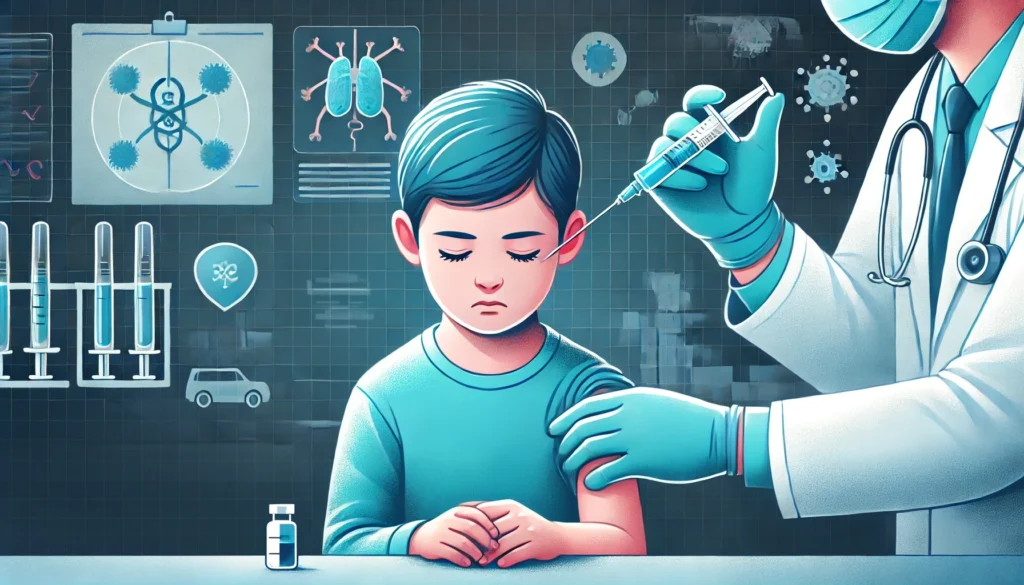 A healthcare worker administering a vaccine injection to a child in a clinical setting. The child appears calm, and the background suggests a medical environment, emphasizing the importance of vaccination. No text or labels.