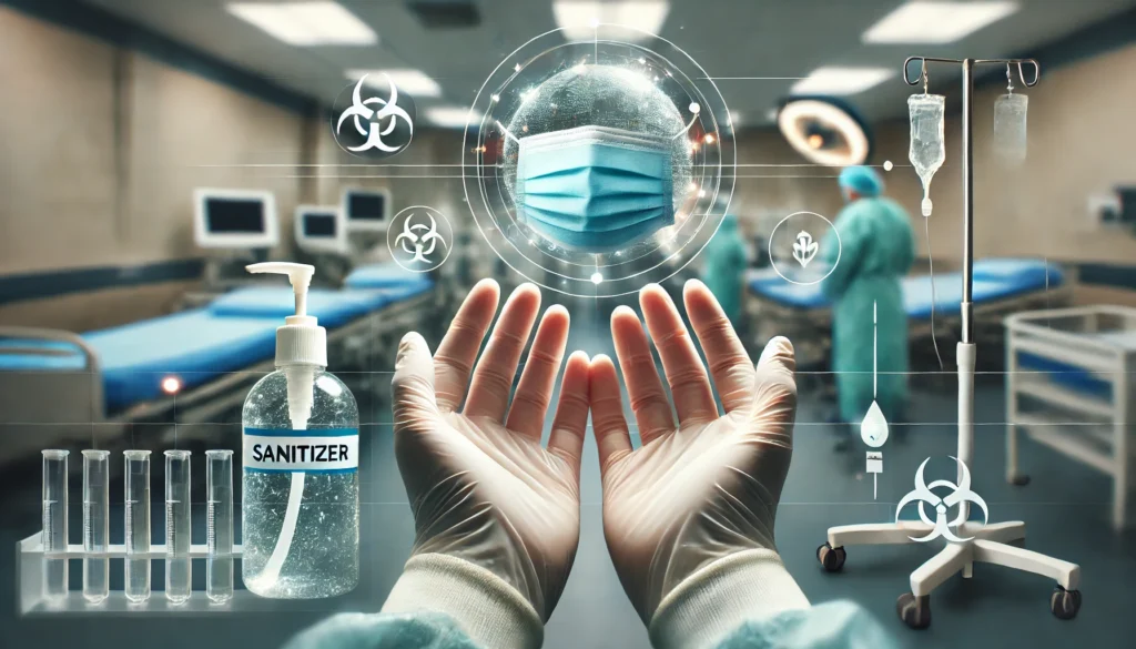 A conceptual illustration of monkeypox prevention, showing hands wearing medical gloves, applying sanitizer, and a protective mask in a clinical setting. The background suggests a hospital environment, emphasizing hygiene and safety.