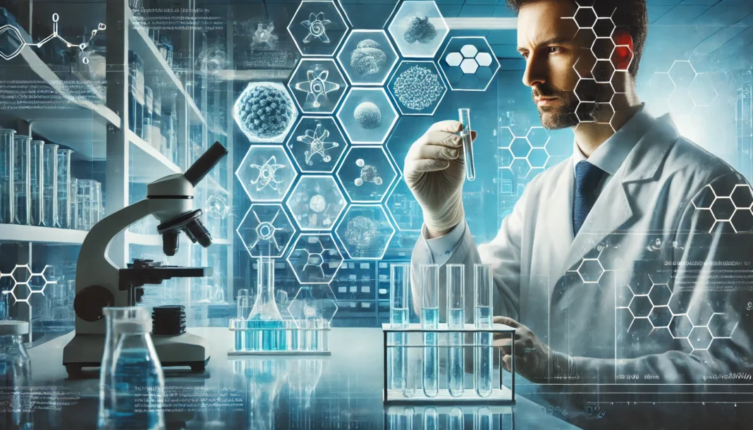 A scientist in a high-tech laboratory examining a liquid sample in a test tube. Advanced medical equipment and molecular structures in the background represent pharmaceutical breakthroughs and innovative treatment development.