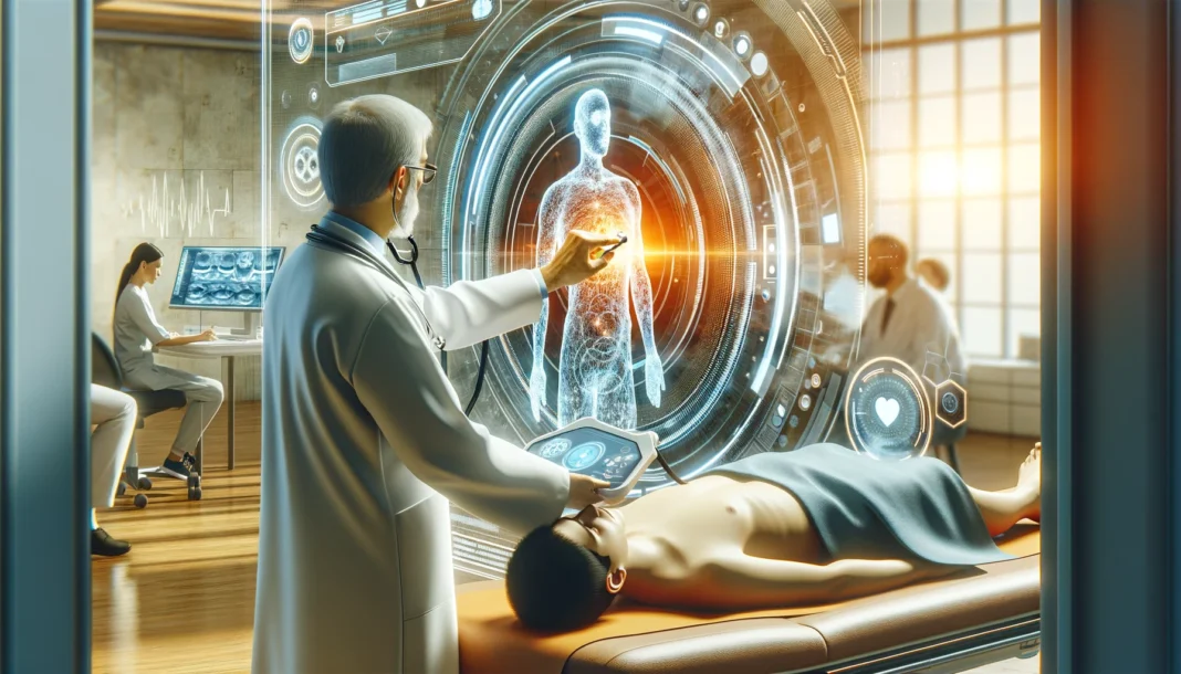 A doctor in a high-tech medical facility uses advanced holographic imaging to diagnose a patient. The futuristic medical interface displays vital signs and body scans, emphasizing the role of AI and precision medicine.