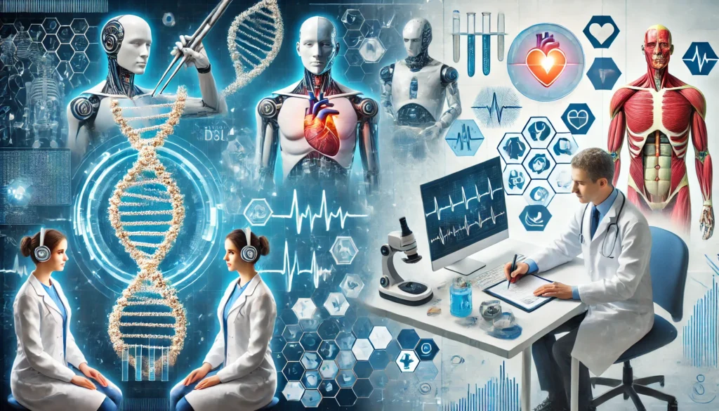 A futuristic medical research facility merging artificial intelligence with human expertise. On one side, scientists analyze genetic data with robotic precision, while on the other, doctors consult holographic patient records for personalized healthcare solutions.