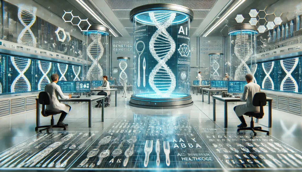 A highly advanced biotech lab where scientists utilize holographic genetic sequences, AI-driven research, and robotic systems to advance precision medicine and healthcare innovations.