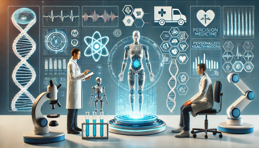 A cutting-edge medical lab integrating AI-powered diagnostics and personalized medicine. Doctors analyze holographic human anatomy and DNA structures, showcasing the future of genetic-based treatments.