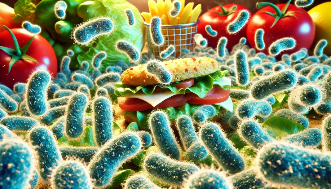 A close-up microscopic view of harmful bacteria, such as Salmonella or E. coli, spreading across the surface of fresh produce. The image has a scientific and slightly unsettling feel, emphasizing the dangers of foodborne illnesses.