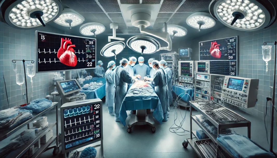 A high-tech operating room with a team of surgeons performing open-heart surgery. The scene features advanced medical equipment, monitors displaying vital signs, and a close-up of a beating heart under operation.