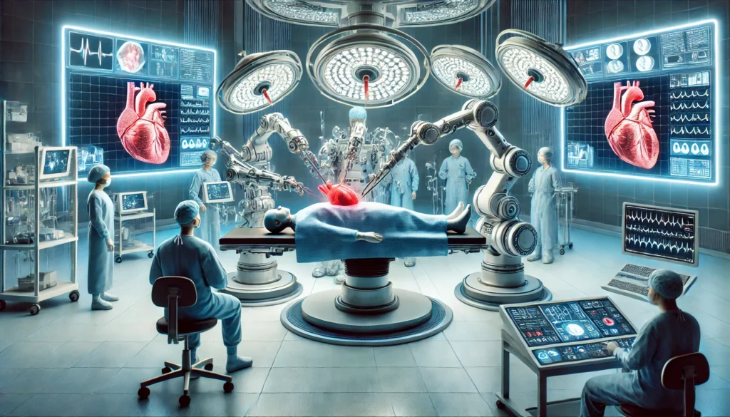 A futuristic hospital setting where an advanced robotic surgical system performs heart surgery on a patient, with multiple mechanical arms controlled by surgeons from a high-tech panel displaying heart functions.