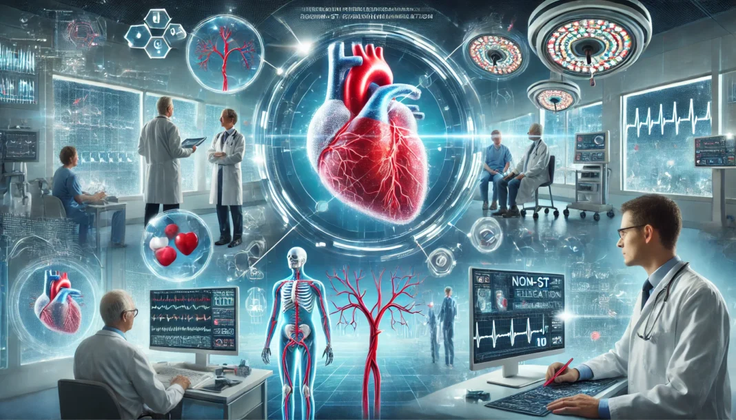 Modern Cardiac Care Unit – A high-tech hospital setting where cardiologists review a digital heart scan on an advanced monitor, depicting cutting-edge heart attack management.