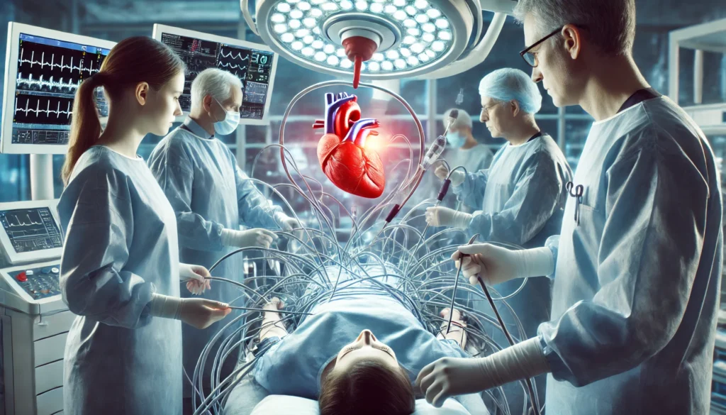 Angioplasty Procedure in Progress – A patient undergoing a state-of-the-art angioplasty in a catheterization lab, surrounded by a medical team utilizing the latest imaging technology.