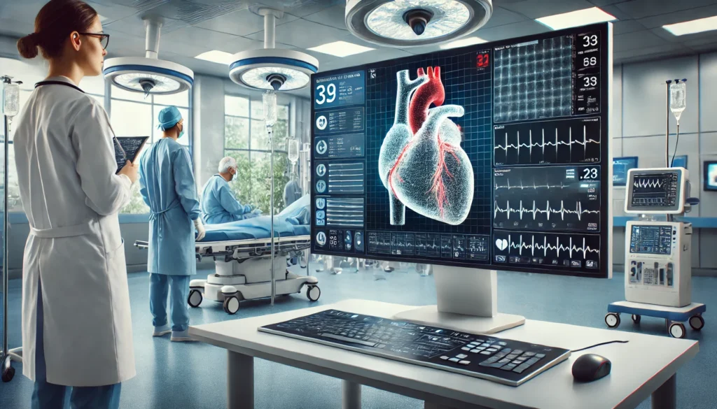 Modern Cardiac Care Unit – A high-tech hospital scene with cardiologists analyzing a digital heart scan on advanced medical monitors.