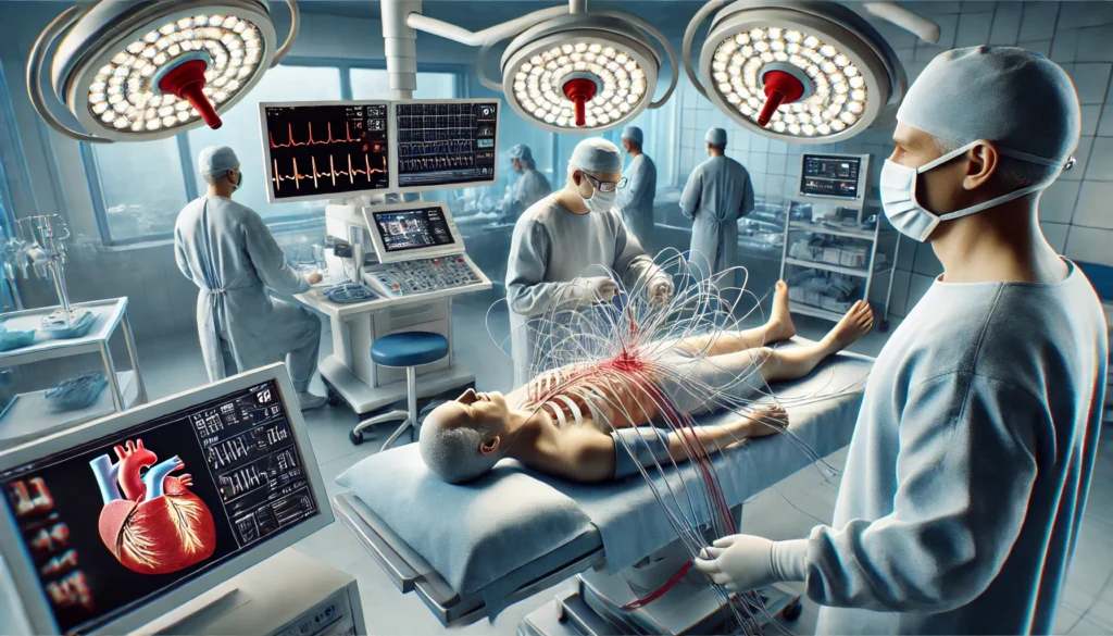 Angioplasty Procedure in Progress – A patient undergoing a precise, minimally invasive angioplasty in a modern catheterization lab, guided by real-time imaging.