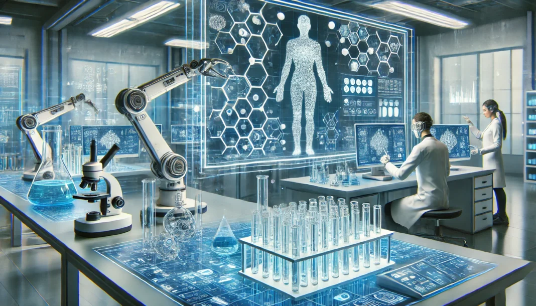 A futuristic healthcare research lab where scientists utilize AI-driven drug discovery technology. Advanced robotic arms handle test tubes, while a large holographic display showcases molecular structures and real-time data analysis.