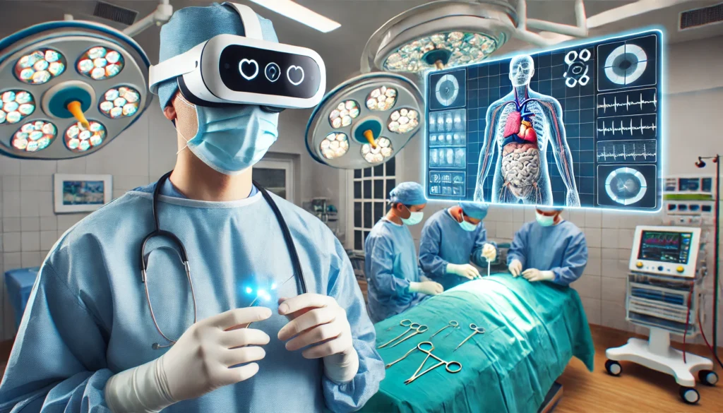 A modern operating room where surgeons use augmented reality (AR) headsets displaying real-time 3D imaging of a patient's anatomy. The immersive AR technology enhances precision during a complex surgical procedure.