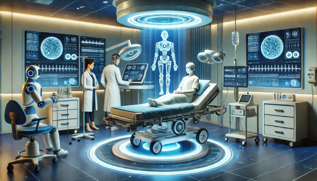 A futuristic hospital room illuminated with a high-tech blue glow, featuring AI-driven robotic assistants performing medical procedures alongside human doctors. A holographic patient record display hovers above the bed, showcasing digital patient data.