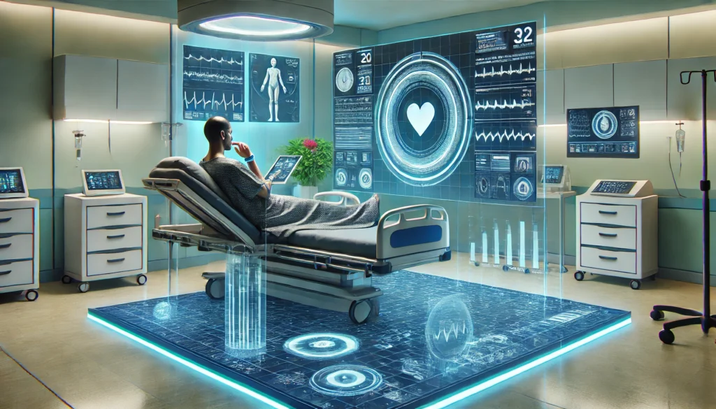 A futuristic patient room equipped with advanced remote monitoring technology. A patient rests comfortably while an AI-powered system continuously tracks vital signs through wearable devices, with a holographic display projecting real-time health data.