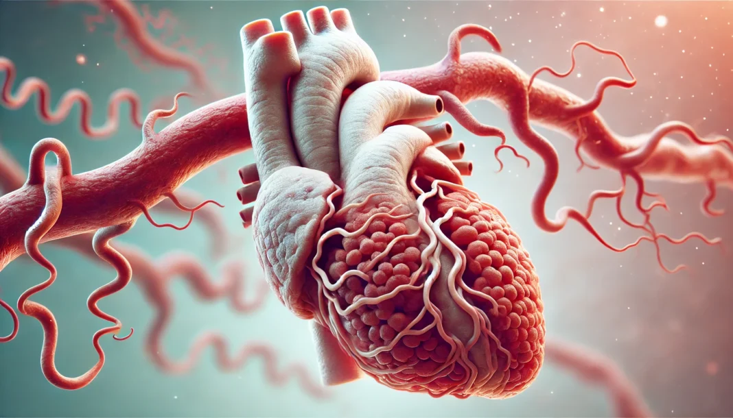A close-up of affected arteries showing irregular and swollen sections.