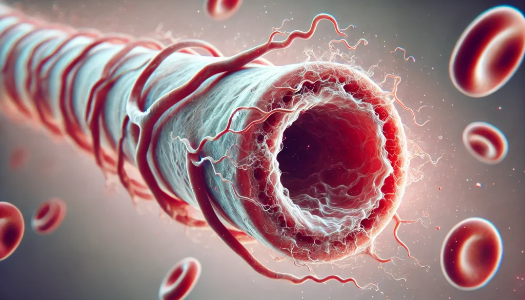 A zoomed-in view of a single affected artery showing dilation and turbulent blood flow.