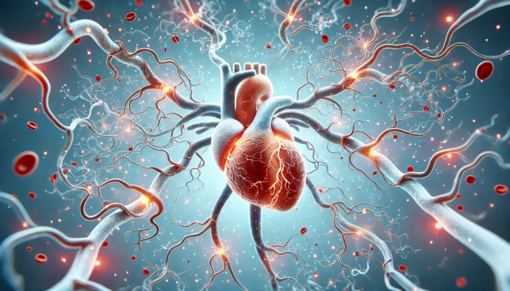A network-like visualization of multiple ectatic arteries with a glowing effect to highlight abnormal blood flow.
