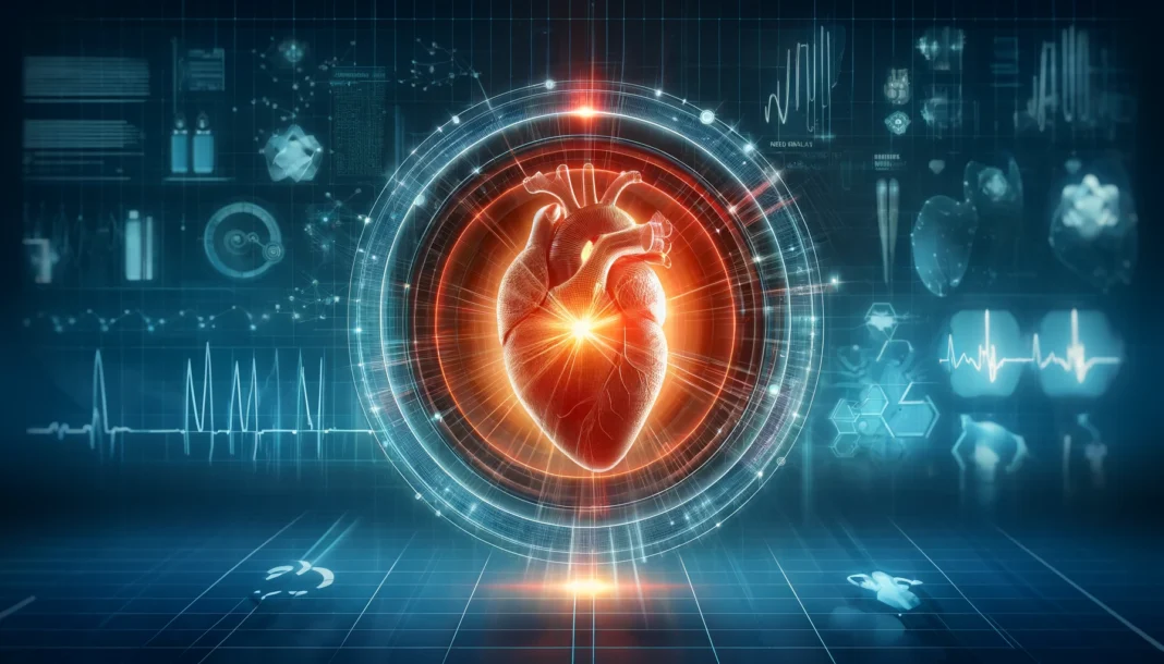 Conceptual cardiovascular risk assessment with a glowing heart in a digital matrix, symbolizing data analysis.