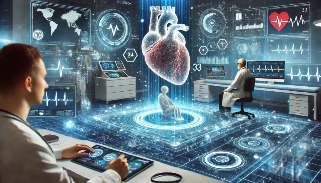 Futuristic medical lab with doctors using AI and holographic heart projections for risk analysis.