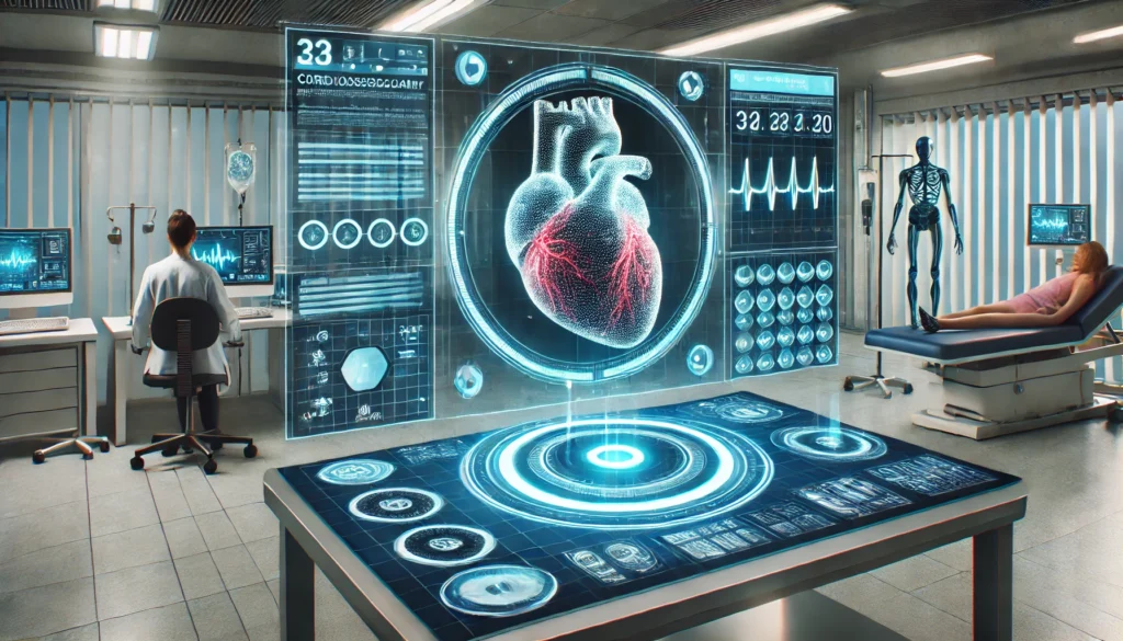 High-tech cardiovascular monitoring station – A 3D holographic heart projection displaying real-time health metrics, surrounded by advanced medical technology and diagnostic tools.