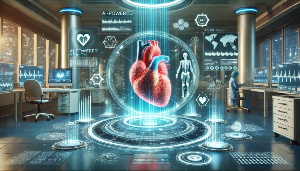 Futuristic cardiovascular health research lab – A glowing holographic heart at the center, surrounded by high-tech medical displays, biometric health data, and advanced diagnostic tools.