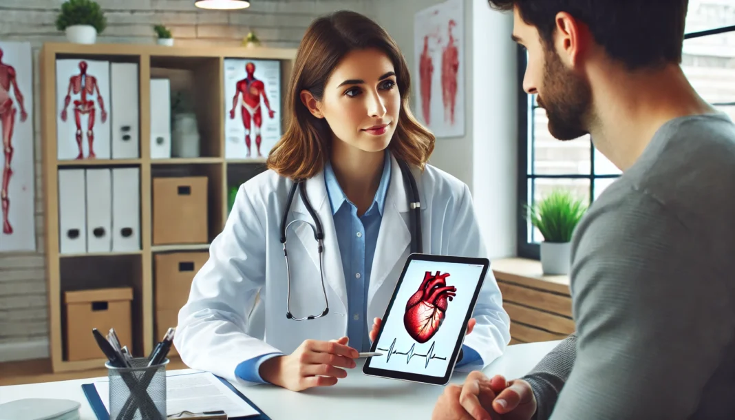 A professional cardiologist in a modern medical office, discussing treatment options with a patient. The doctor holds a tablet displaying a heart diagram and medical charts.