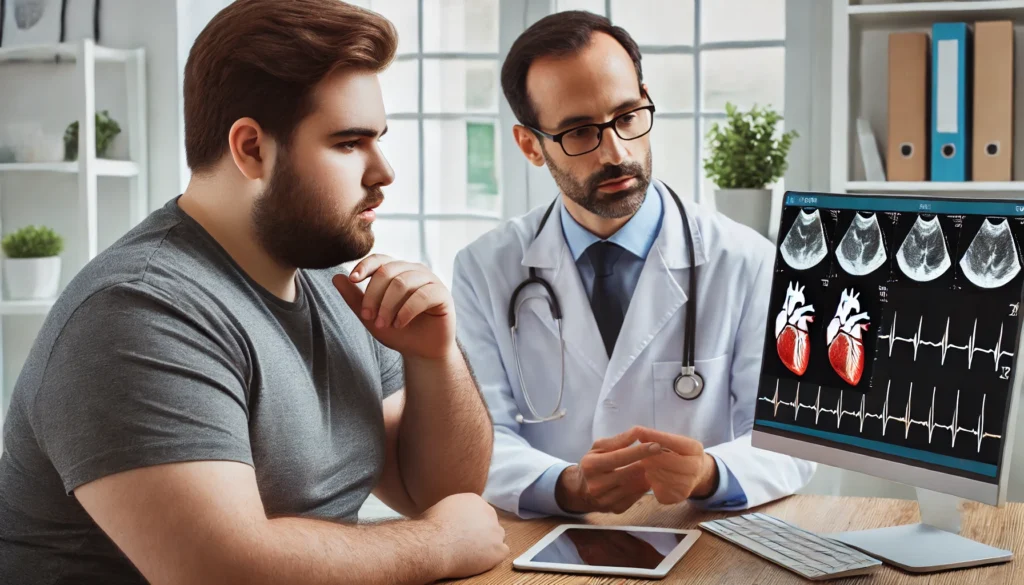 An overweight patient having a consultation with a cardiologist in a clinical setting. The doctor is showing a digital heart scan on a monitor while discussing weight loss options.