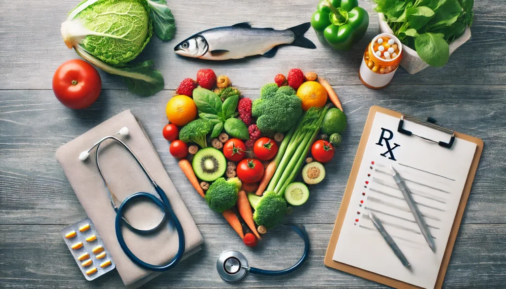 A conceptual image of a heart shape formed by healthy food, including vegetables, fruits, and fish, placed on a doctor's desk alongside a stethoscope and prescription pad.