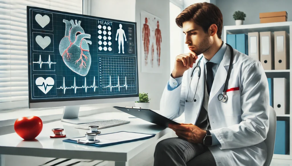 A cardiologist in a white coat sitting in a medical office, thoughtfully reviewing a patient's chart with a prescription pad on the desk. A digital monitor behind them displays a heart health diagram and weight management indicators, symbolizing the connection between cardiology and weight loss treatments.