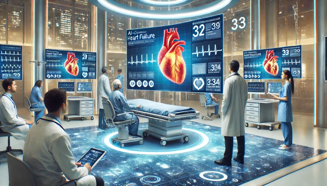An advanced hospital setting where cardiologists monitor a heart failure patient’s vitals on interactive digital screens. AI-driven predictive analytics support real-time treatment decisions.