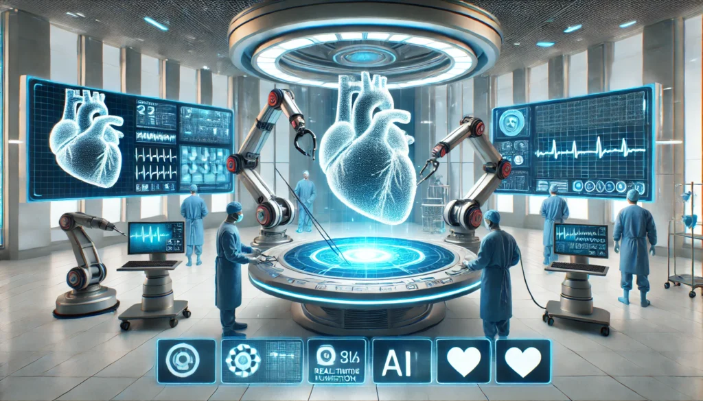 A futuristic heart failure treatment center with robotic-assisted surgery. Surgeons use AI-driven robotic arms while digital screens display real-time heart function analytics.