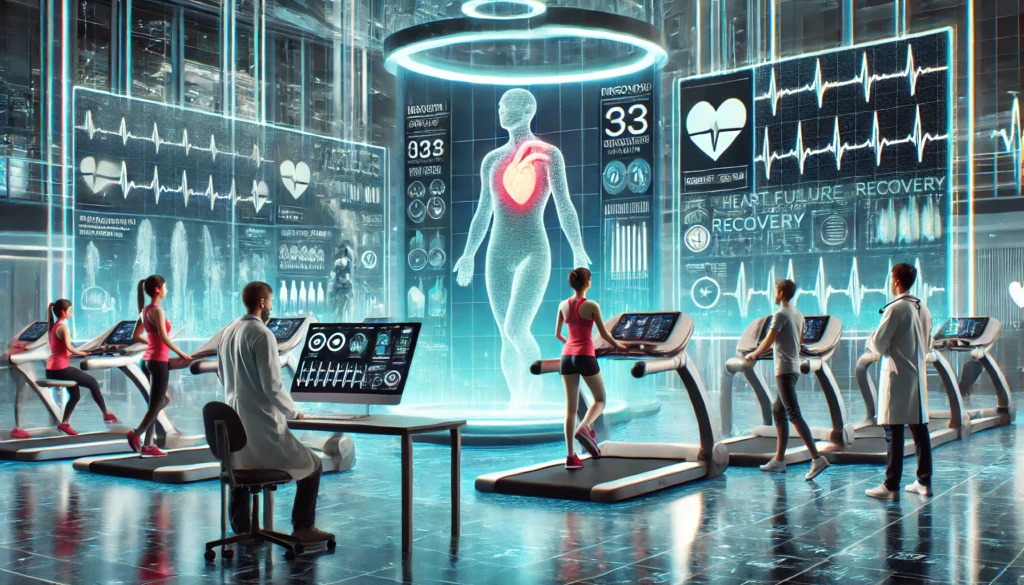 A futuristic cardiovascular rehabilitation center where patients use AI-assisted exercise machines. Medical professionals monitor heart data on holographic screens for personalized heart failure recovery.
