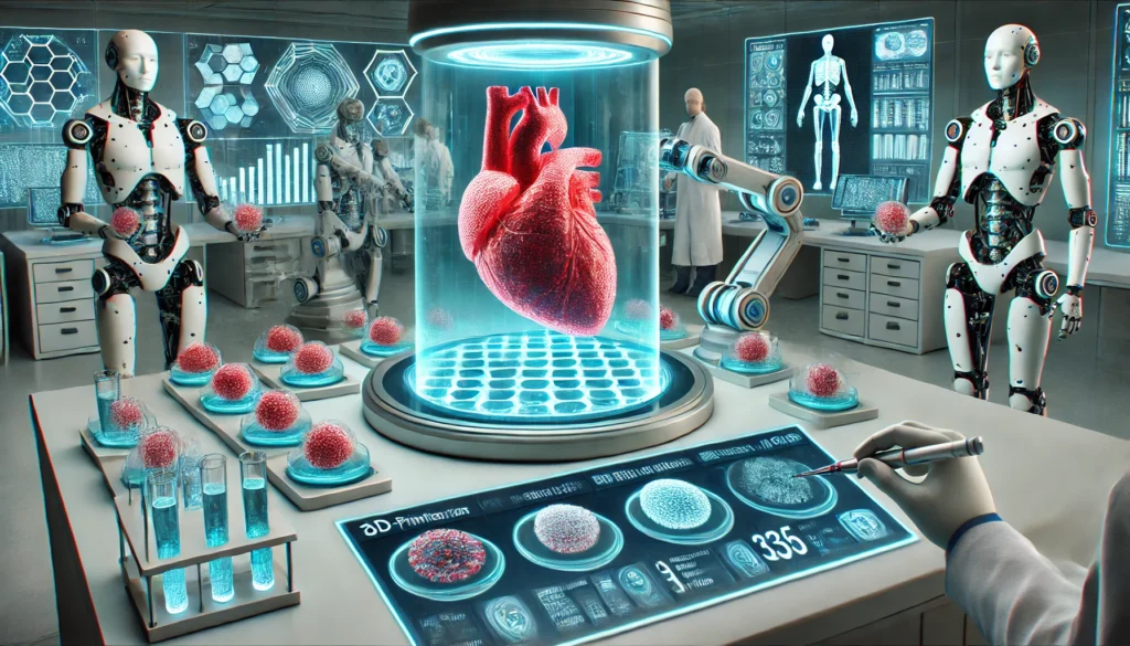 A futuristic bioprinting lab where scientists 3D-print human heart tissues for regenerative medicine. Advanced robotic arms precisely layer heart cells while holographic screens display real-time tissue development analysis.