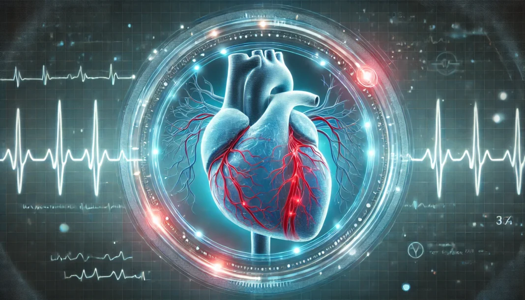 A futuristic visualization of a human heart surrounded by glowing data rings, with transparent arteries showing smooth blood flow (blue) on one side and restricted blood flow due to plaque (red) on the other, symbolizing heart risk analysis.
