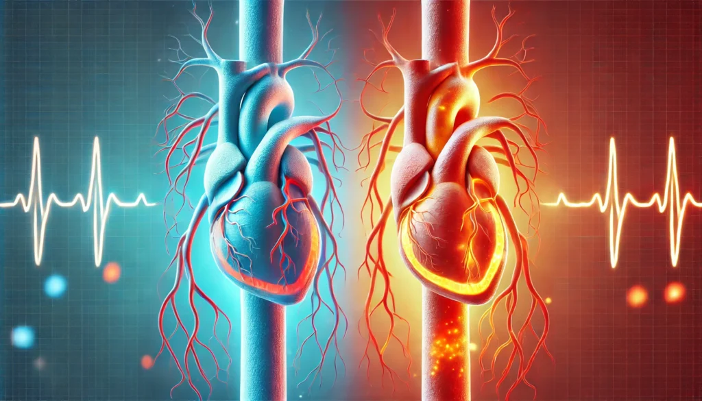 A scientific comparison of arteries, featuring a side-by-side rendering of healthy blood vessels with optimal flow (blue) and narrowed arteries with plaque buildup (red), against a background with ECG waveforms.