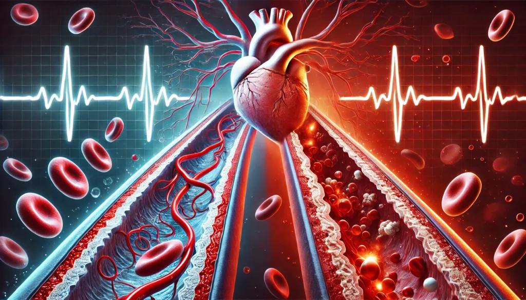 A conceptual medical illustration showing a side-by-side comparison of blood flow inside arteries. The left side displays a healthy, smooth-walled artery with optimal blood circulation, while the right side shows a constricted artery with cholesterol plaque buildup, restricting blood flow. A subtle heart pulse waveform in the background reinforces the theme.
