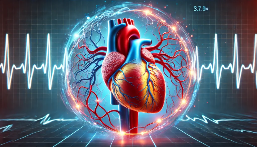A futuristic 3D-rendered medical image of a human heart with branching arteries. One side of the arteries appears clear and glowing blue, representing healthy circulation, while the other side is constricted with plaque buildup, glowing red, symbolizing cardiovascular risk. A digital heart rate monitor wave is in the background.