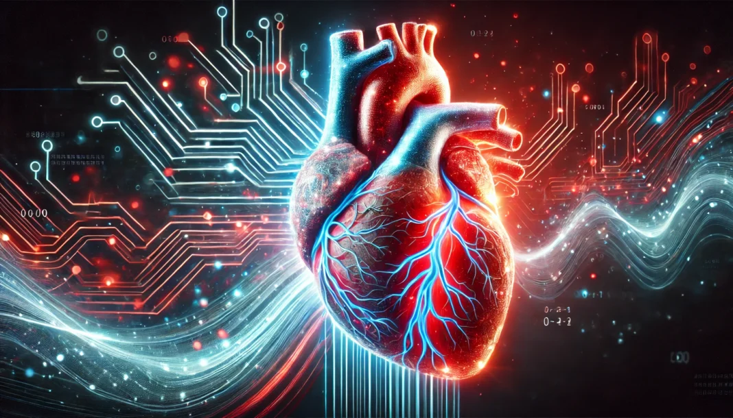 A glowing, anatomically detailed human heart with digital circuits and data streams, symbolizing cutting-edge cardiology research and medical technology advancements.