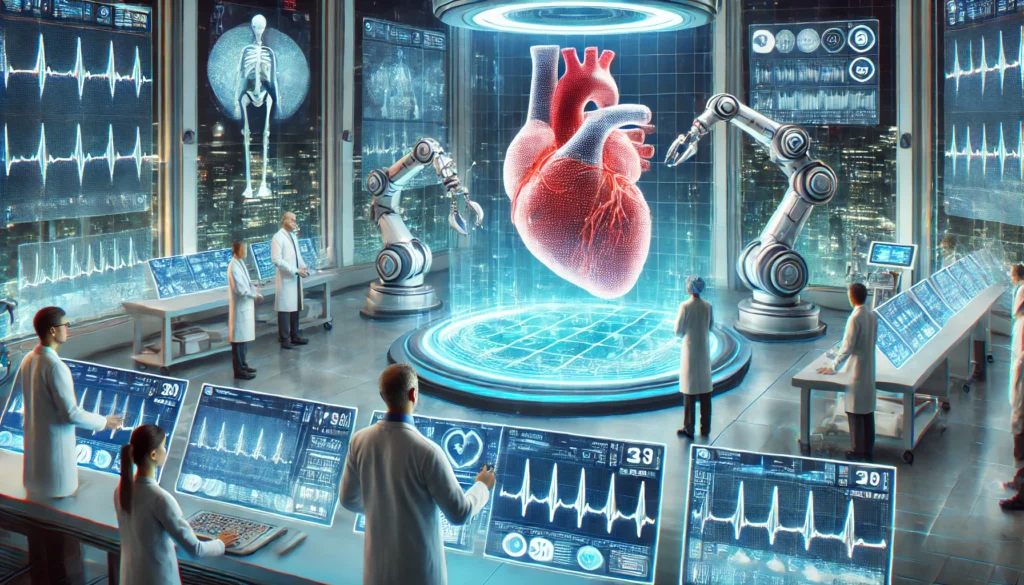 An advanced cardiology research facility with an AI-powered robotic arm performing heart surgery on a digital holographic heart, while scientists and doctors analyze real-time cardiovascular data on large transparent screens.