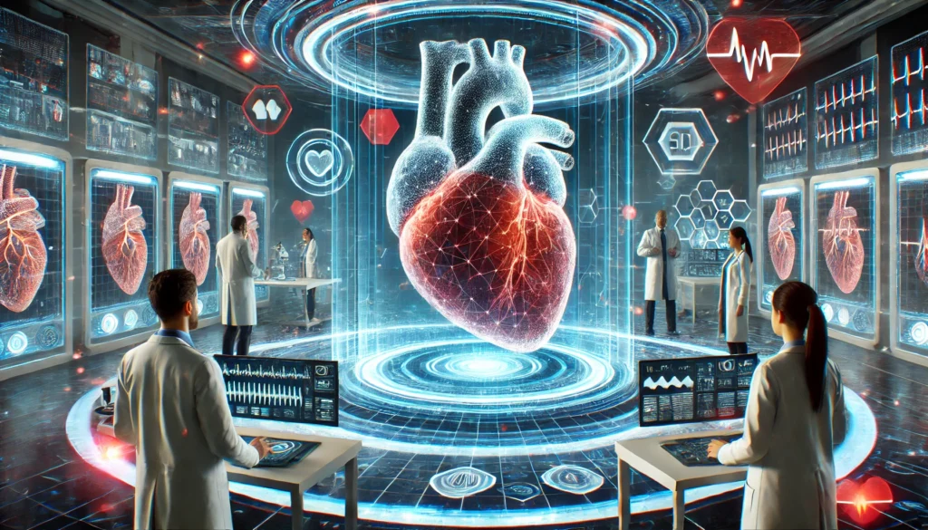 A high-tech cardiology innovation hub featuring a massive 3D holographic heart projection at the center, with medical researchers in lab coats examining real-time cardiovascular health data in a futuristic setting illuminated by glowing blue and red light effects.