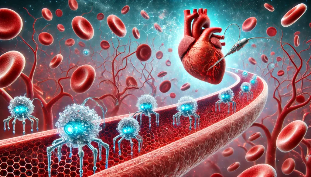 A conceptual illustration of microscopic nanobots repairing artery walls and removing plaque buildup inside a human blood vessel. The background shows red blood cells flowing, symbolizing cutting-edge nanotechnology in cardiology.