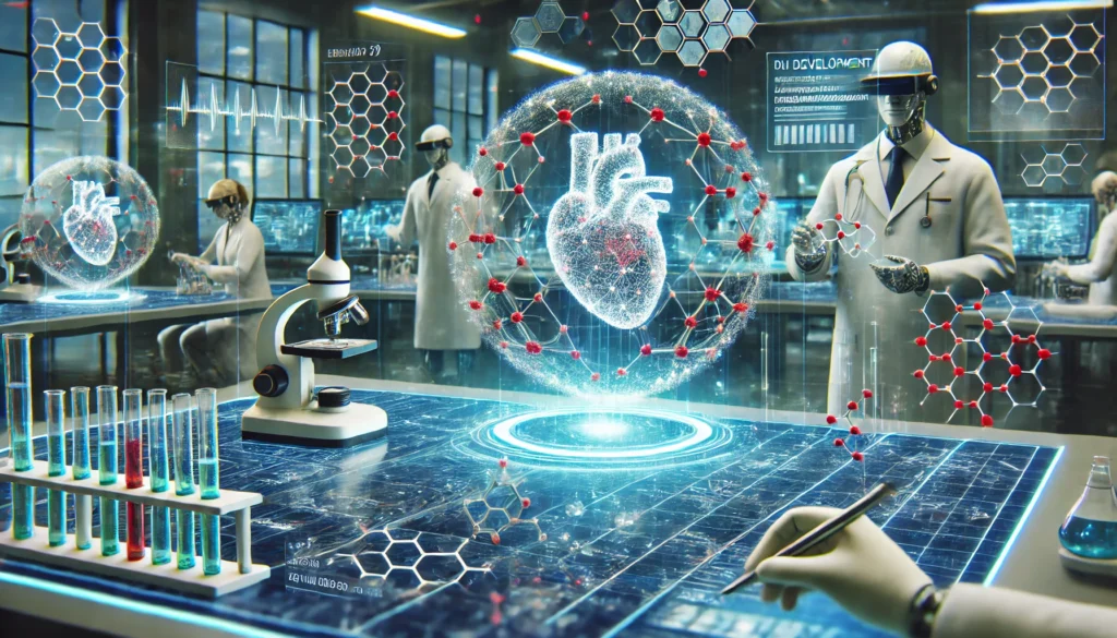 A futuristic AI-powered drug development lab focused on cardiovascular medicine. Scientists analyze molecular structures on holographic displays, while robotic arms precisely mix chemical compounds for next-generation heart disease treatments.