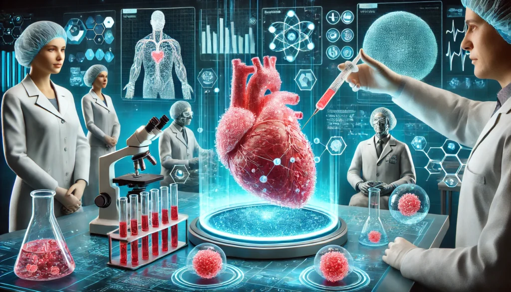 Scientists in an advanced laboratory inject bioengineered stem cells into a beating heart model, with holographic displays visualizing real-time tissue regeneration. The image highlights innovation in cardiac healing and repair.