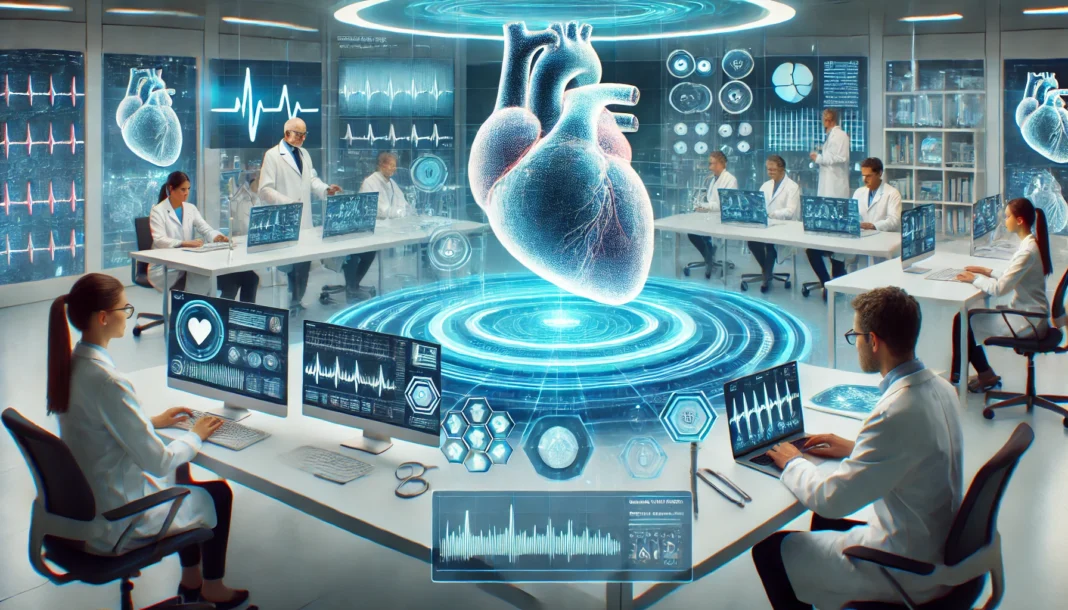 A high-tech cardiology research laboratory featuring AI-powered diagnostic tools, holographic heart models, and scientists analyzing real-time cardiovascular data.