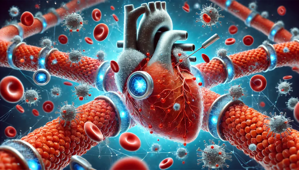 A conceptual depiction of microscopic nanobots inside a human heart, repairing damaged tissue and clearing blocked arteries to enhance cardiac function.