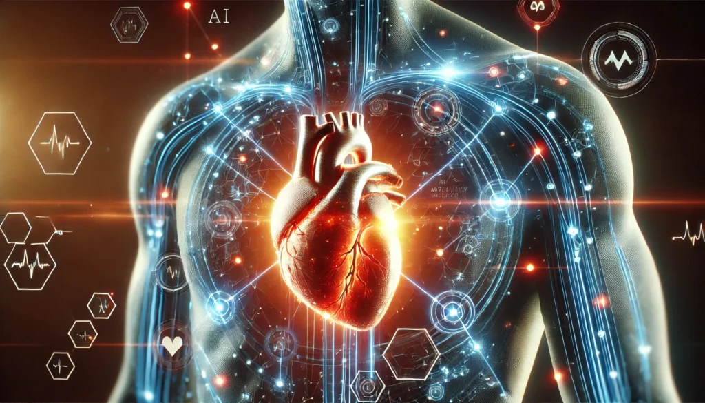 A glowing, high-tech bioengineered artificial heart seamlessly integrated into a human body, enhanced with advanced nanotechnology and AI-powered monitoring.