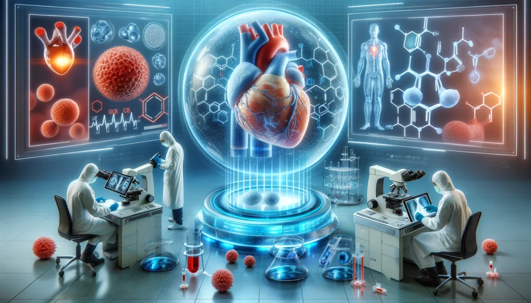 A futuristic laboratory where scientists analyze heart cells under a microscope, with a holographic 3D model of a human heart in the background.